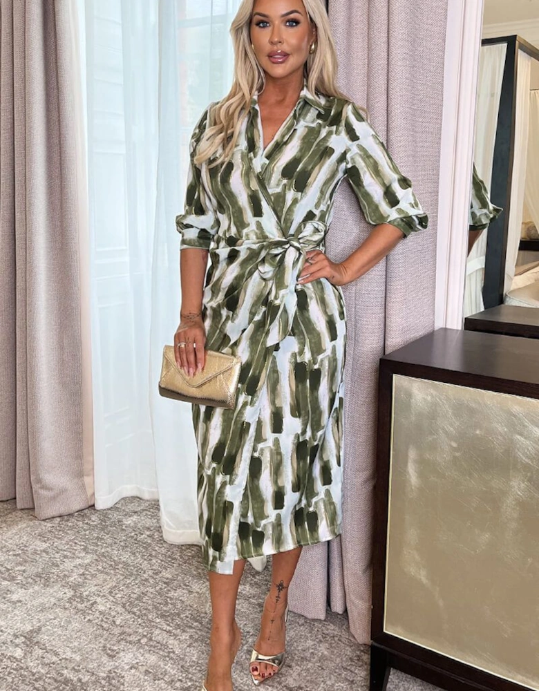 Khaki Brush Stroke Print 3/4 Sleeve Tie Waist Wrap Shirt Midi Dress
