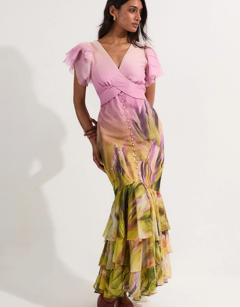 Ombre Floral Ruffle Sleeve Button Through Maxi Dress