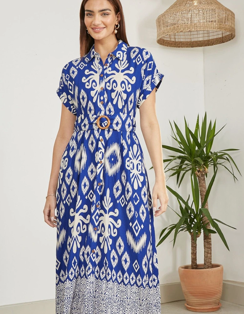 Blue Abstract Geo Print Relaxed Midi Shirt Dress With Belt