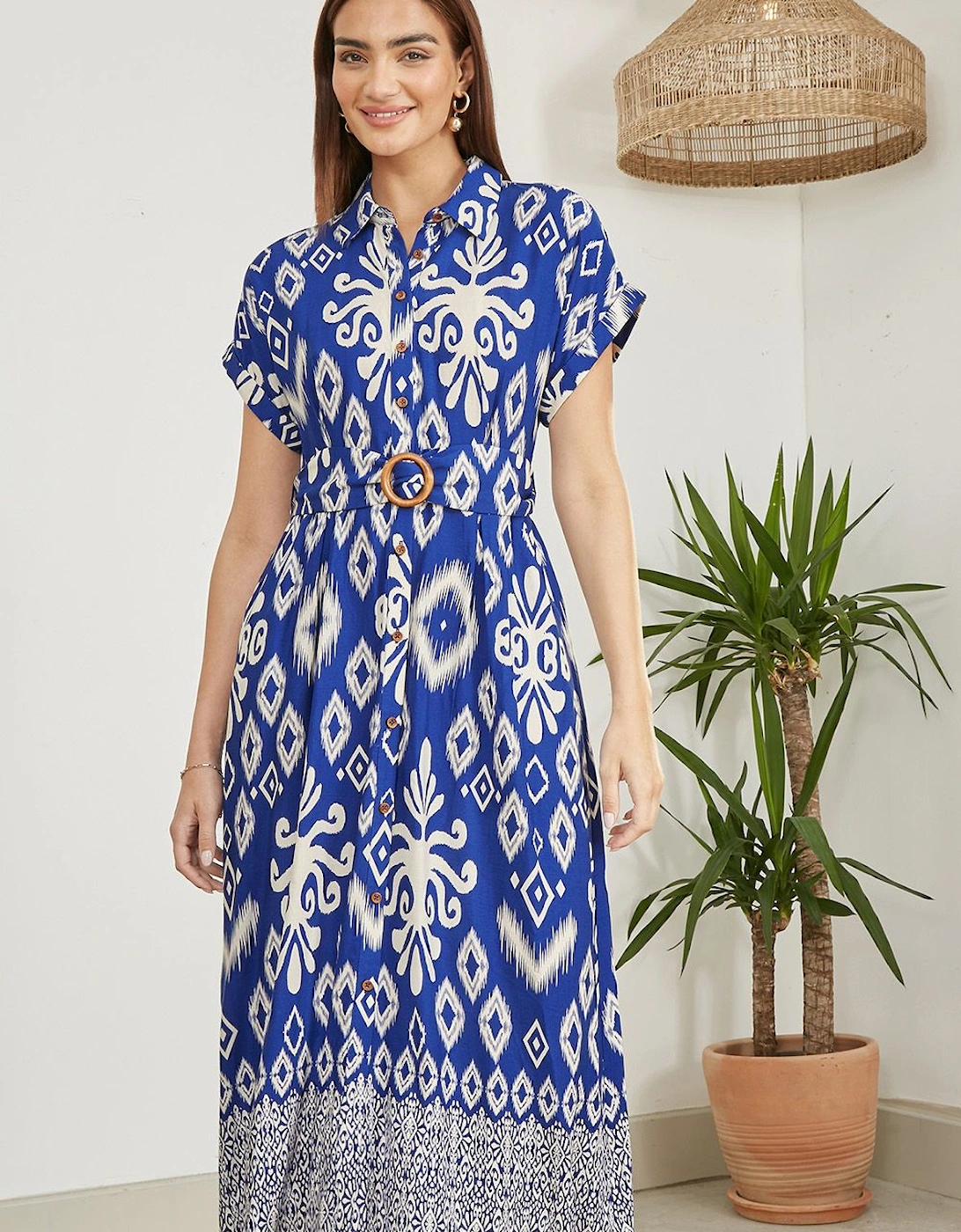 Blue Abstract Geo Print Relaxed Midi Shirt Dress With Belt, 2 of 1