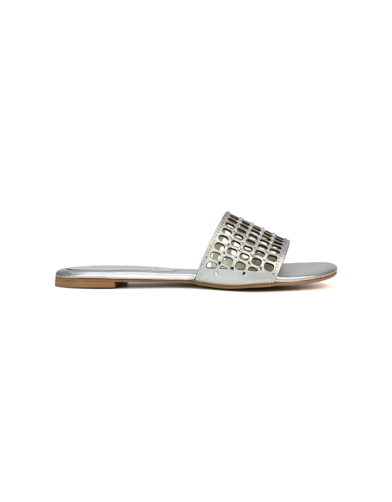 'Abbie' Mesh Strappy Diamante Slip On Flat Sandals Sliders