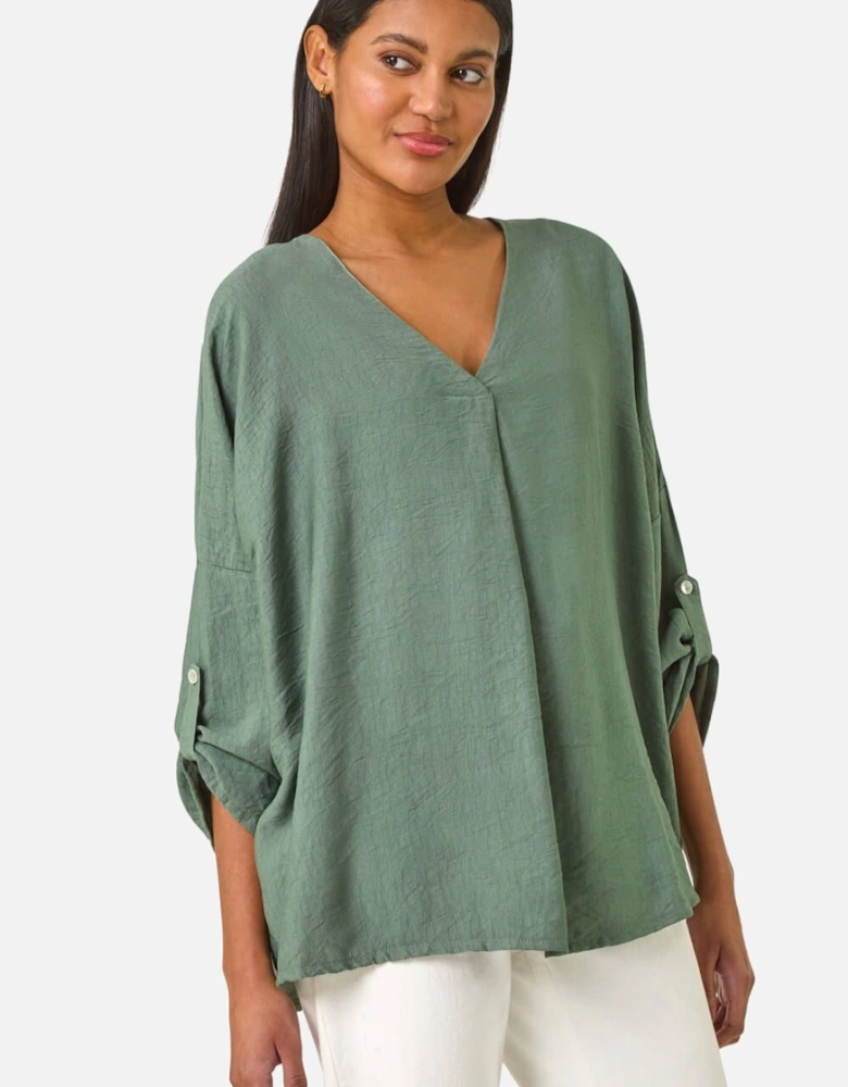 Pleated V-Neck Stretch Tunic Top
