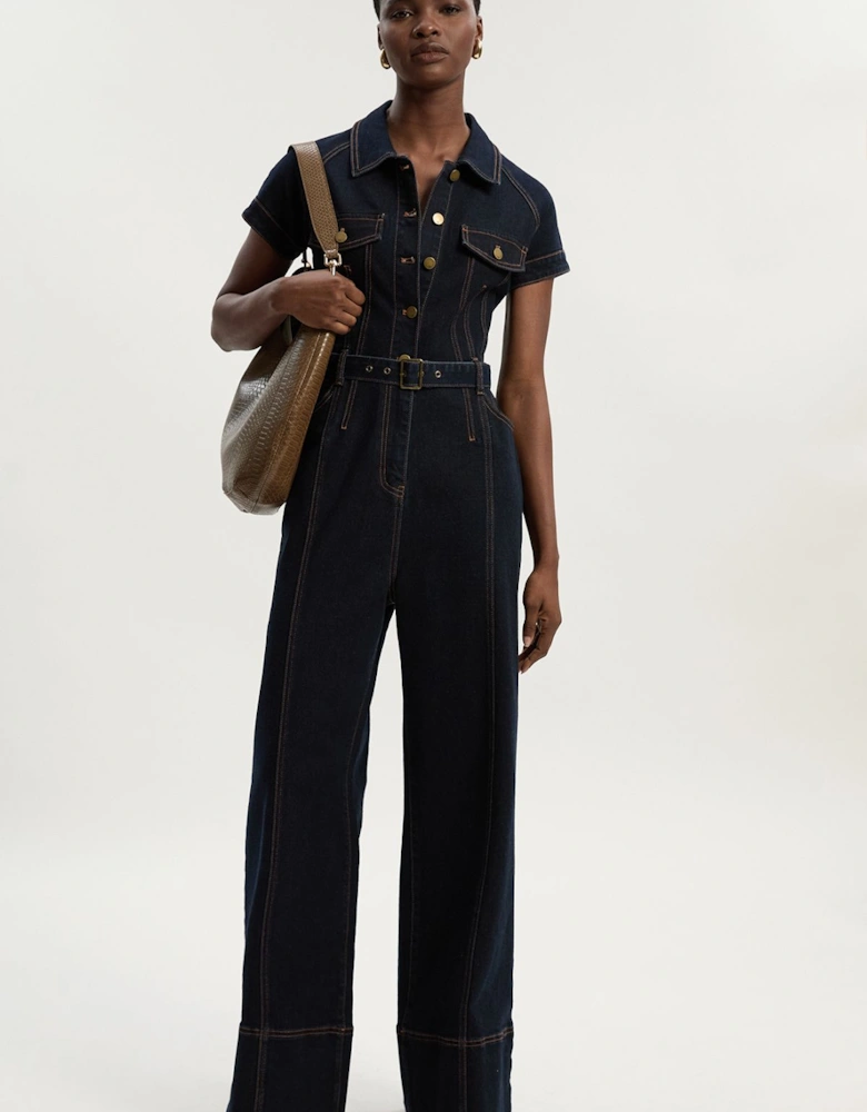 Denim Corset Waist Detail Wide Leg Jumpsuit