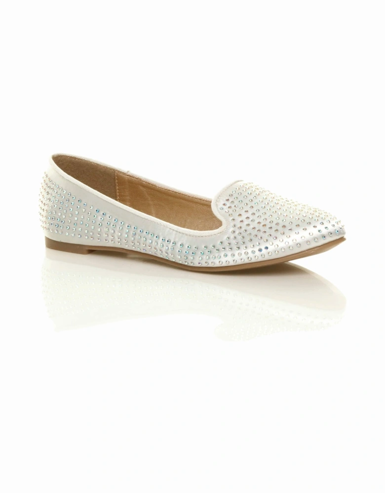 Flat  Heel Diamante Loafers Satin Ballet Pumps