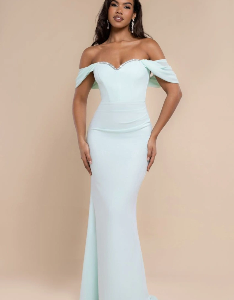 Off The Shoulder Draped Sleeve Maxi Dress With Diamante Neckline