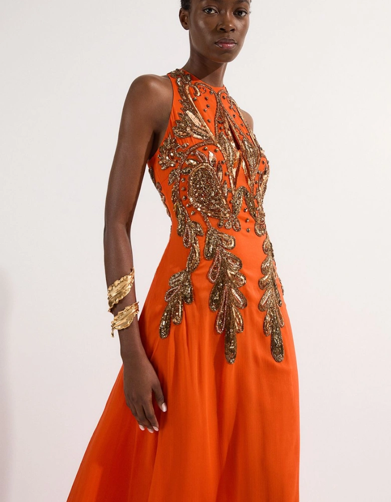 Tall Halter Neck Bugle Bead Detail Woven Maxi Dress