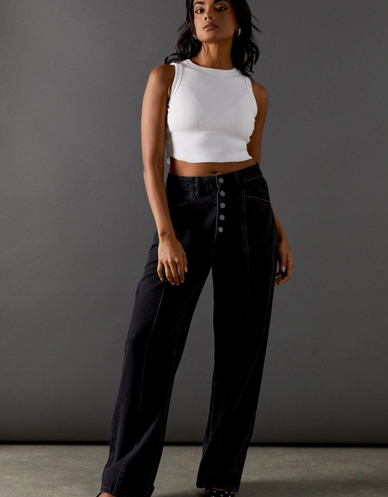 High Waisted Button Fly Seam Detail Dad Jeans