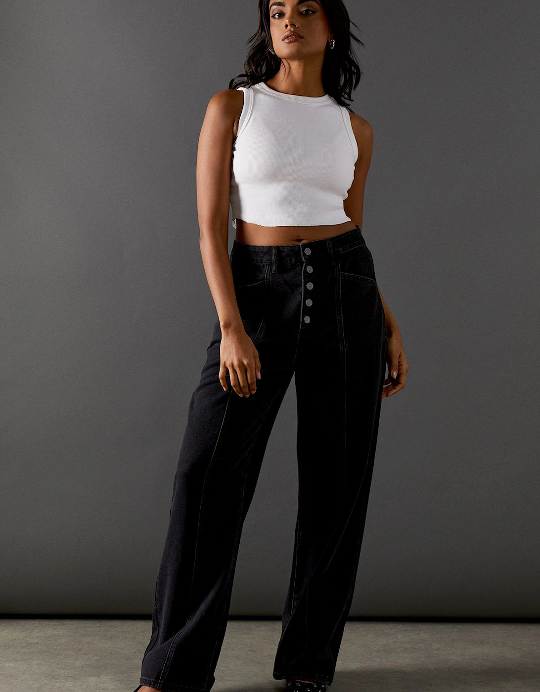 High Waisted Button Fly Seam Detail Dad Jeans, 2 of 1