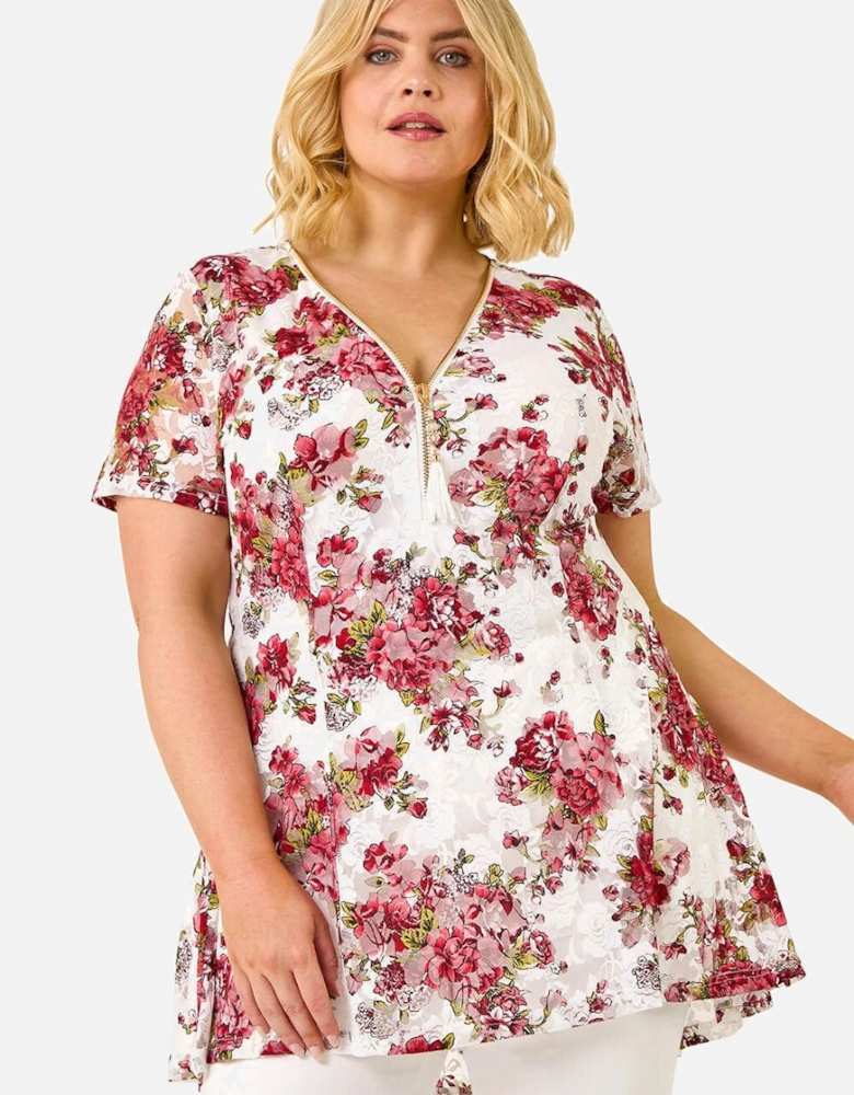 Curve Floral Lace Zip Front Blouse