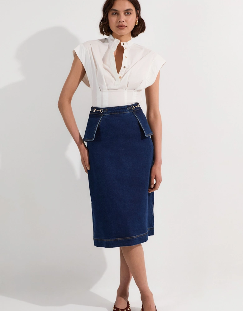 Stretch Denim Snaffle Trim Midi Skirt