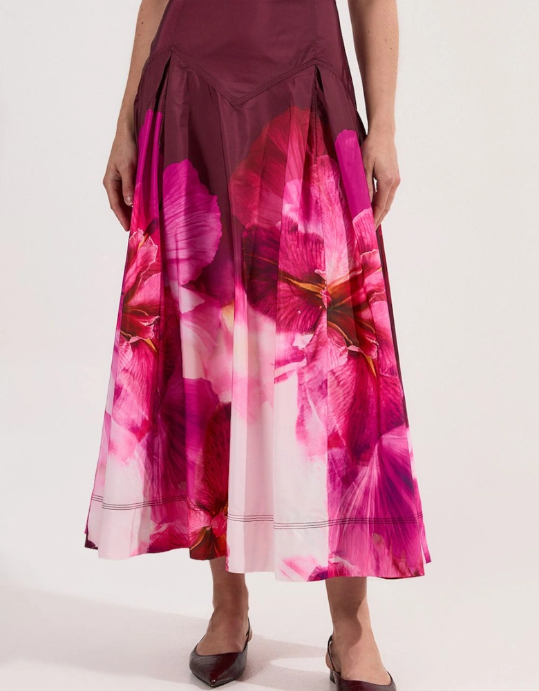 Placed Floral Taffeta Woven Maxi Skirt