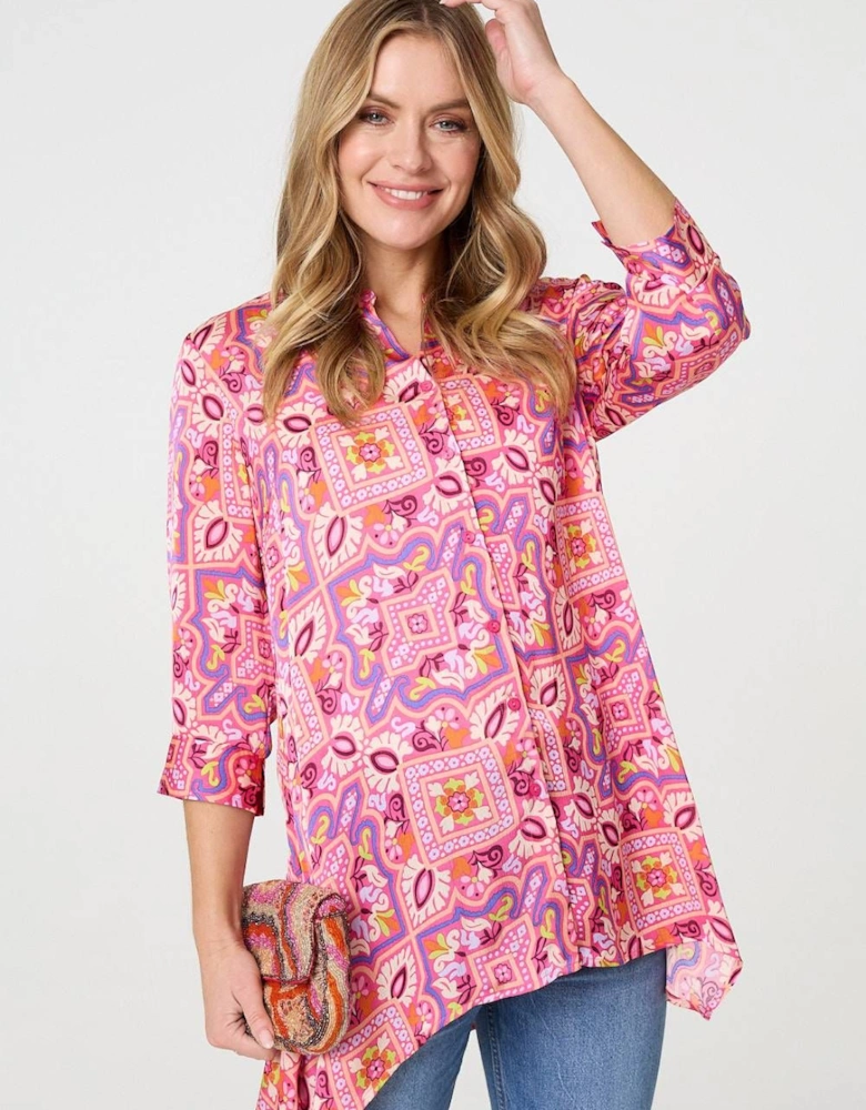 Mosaic Print 3/4 Sleeve Longline Blouse