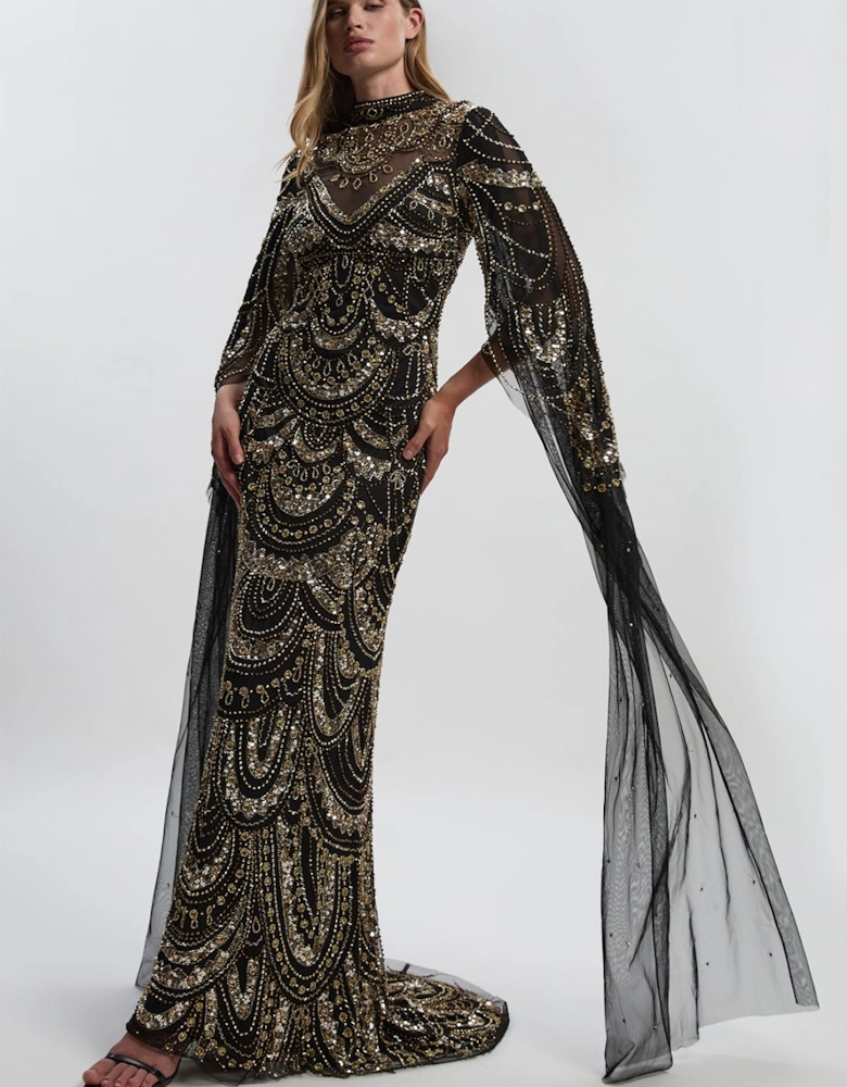 Premium Beaded Embellished Woven Midaxi Cape Dress