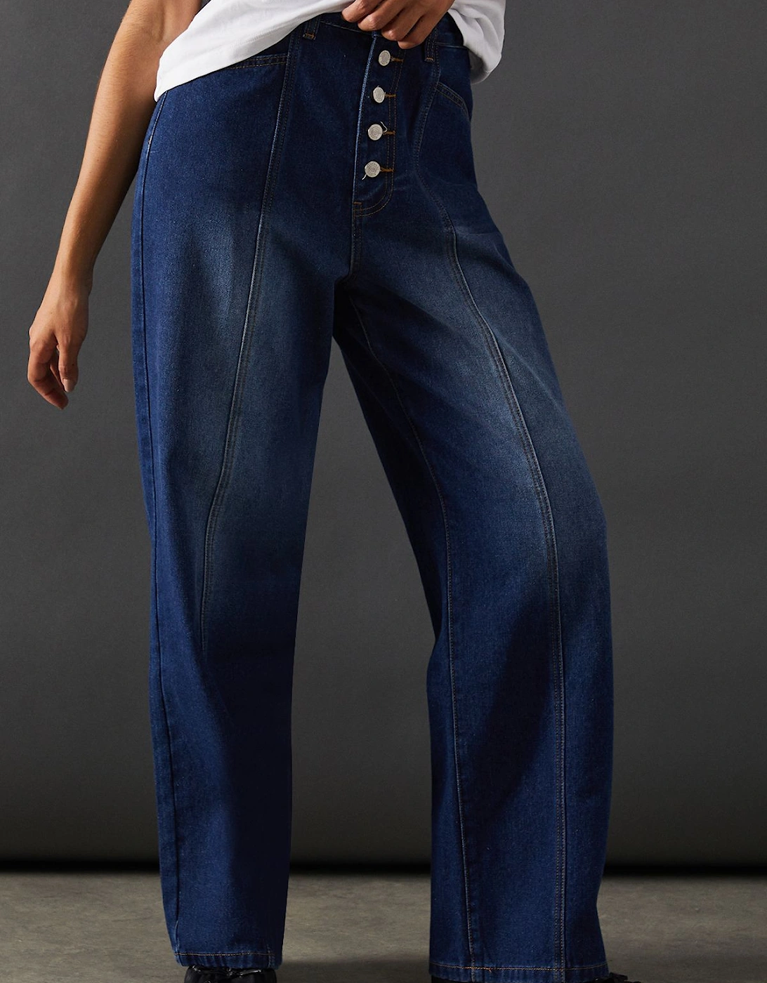 High Waisted Button Fly Seam Detail Dad Jeans, 2 of 1