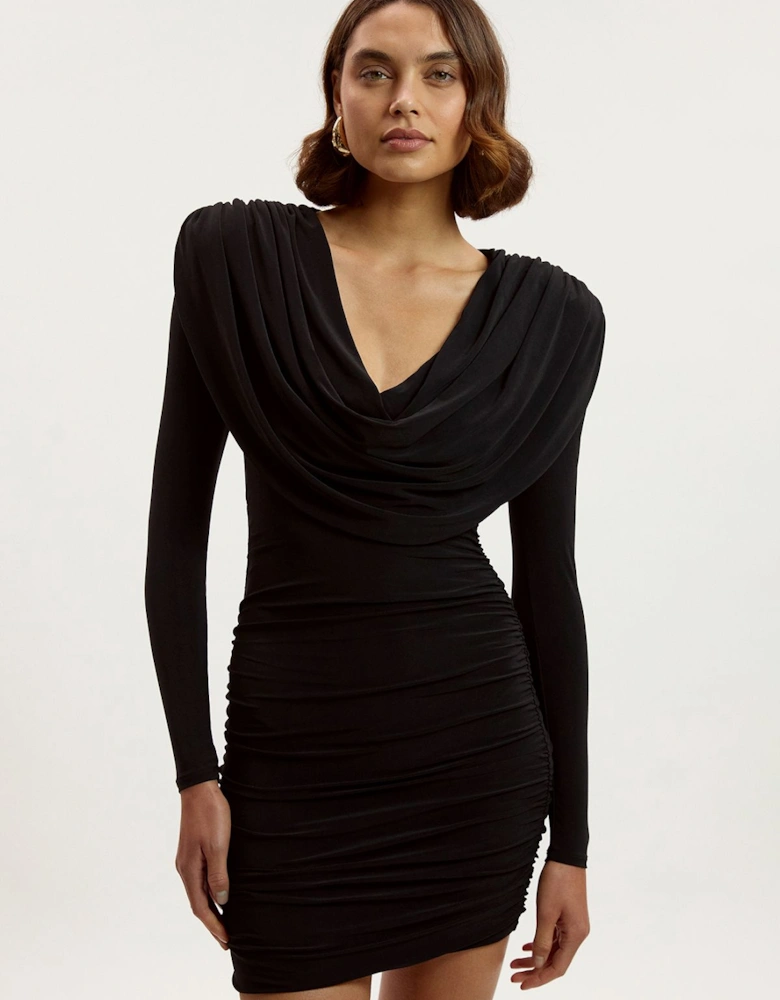 Tall Stretch Drapey Crepe Ruched Plunge Neck Long Sleeve Mini Dress