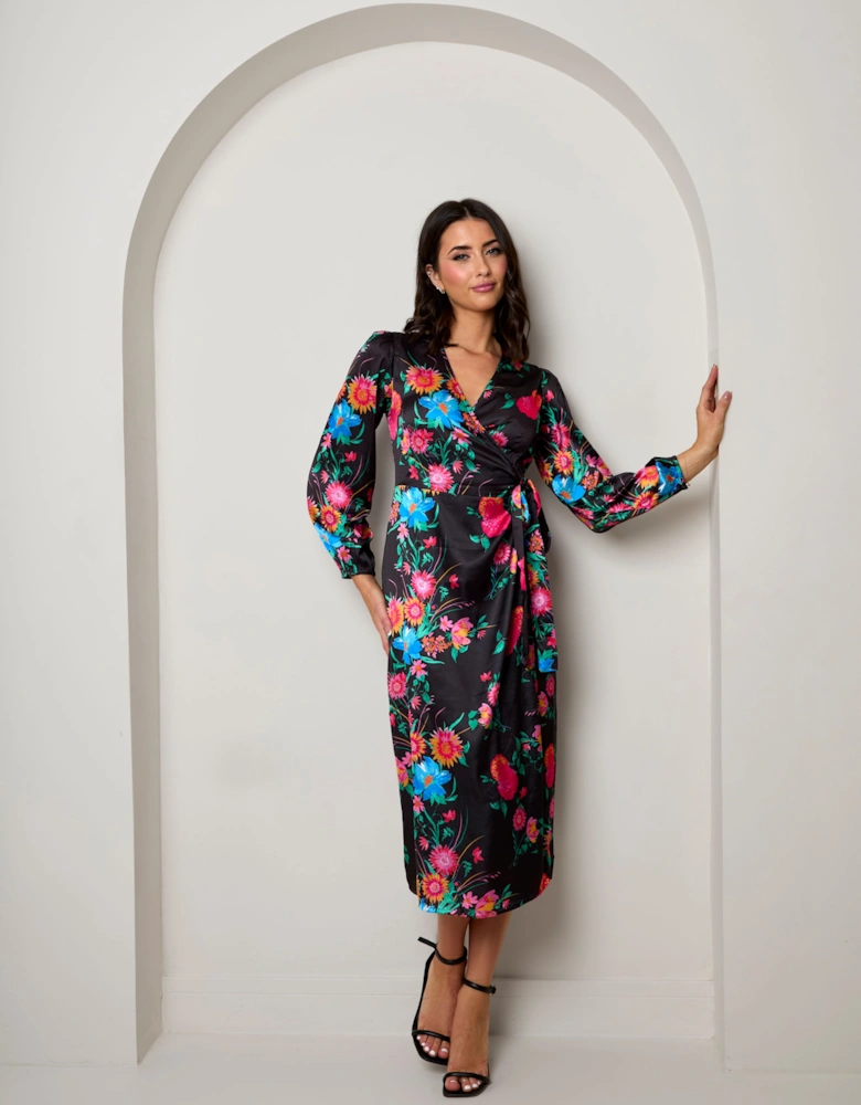 Plus Size Long Sleeve Floral Wrap Dress in Blac