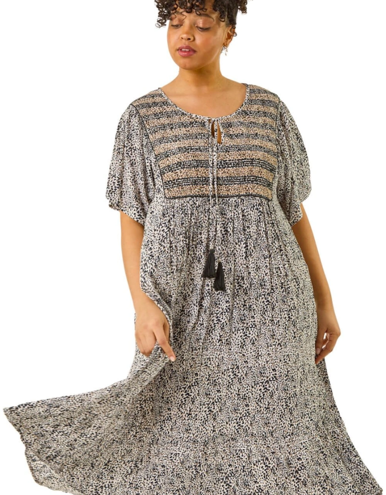 Curve Tassel Trim Printed Dress