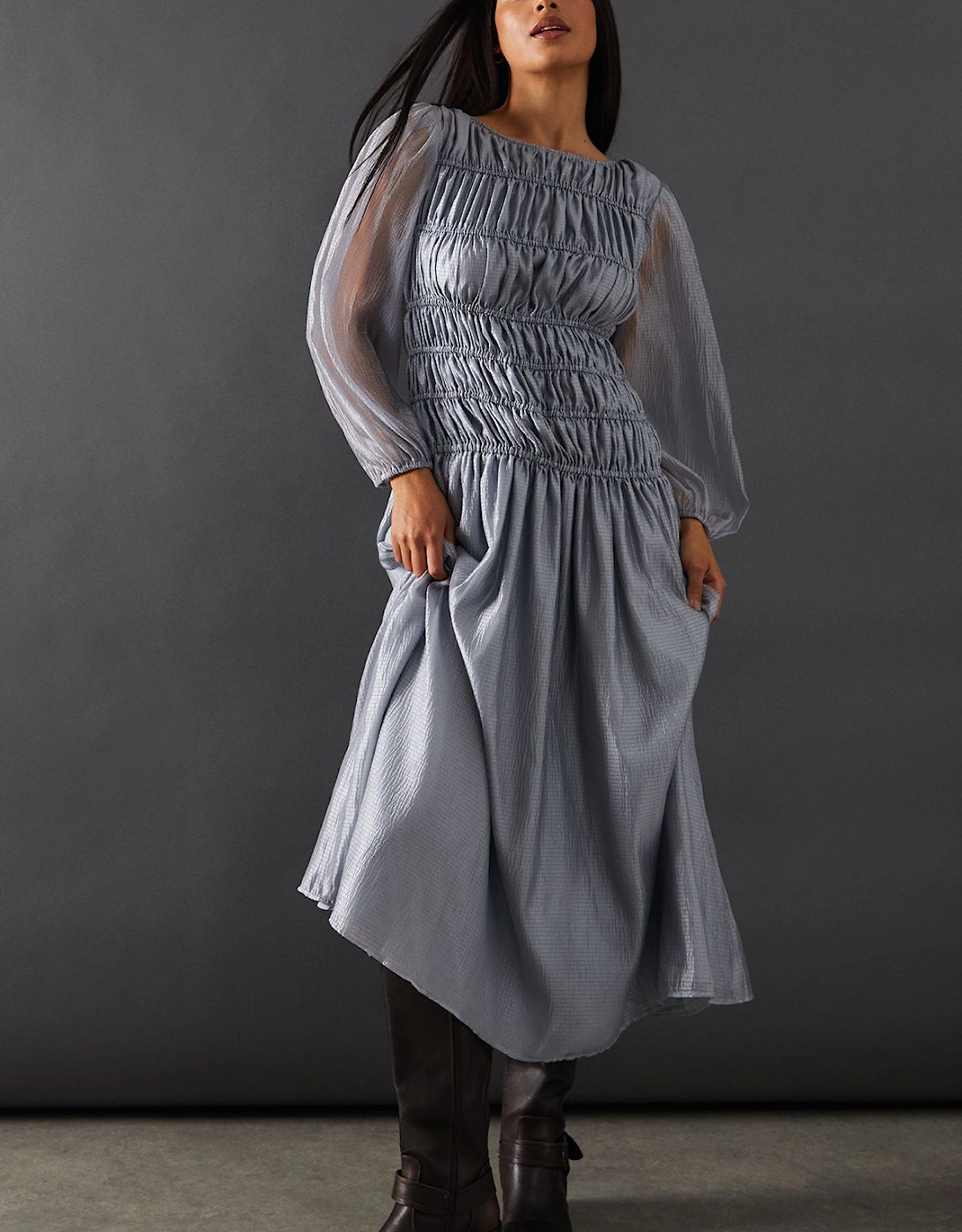 Shirred Chiffon Panel Bodice Midi Dress, 2 of 1