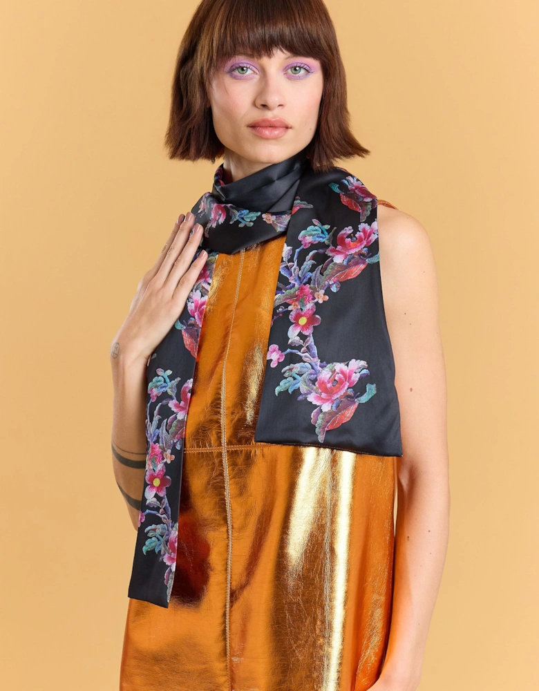 Black Silk Blend Black Floral Long Scarf