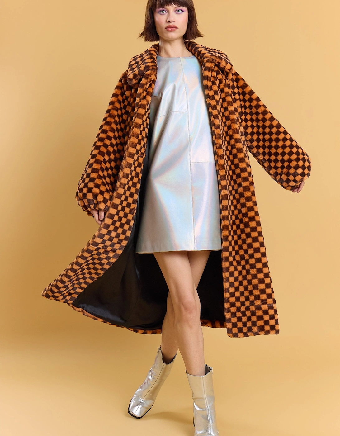 Orange Faux Fur Checked Maxi Coat, 2 of 1