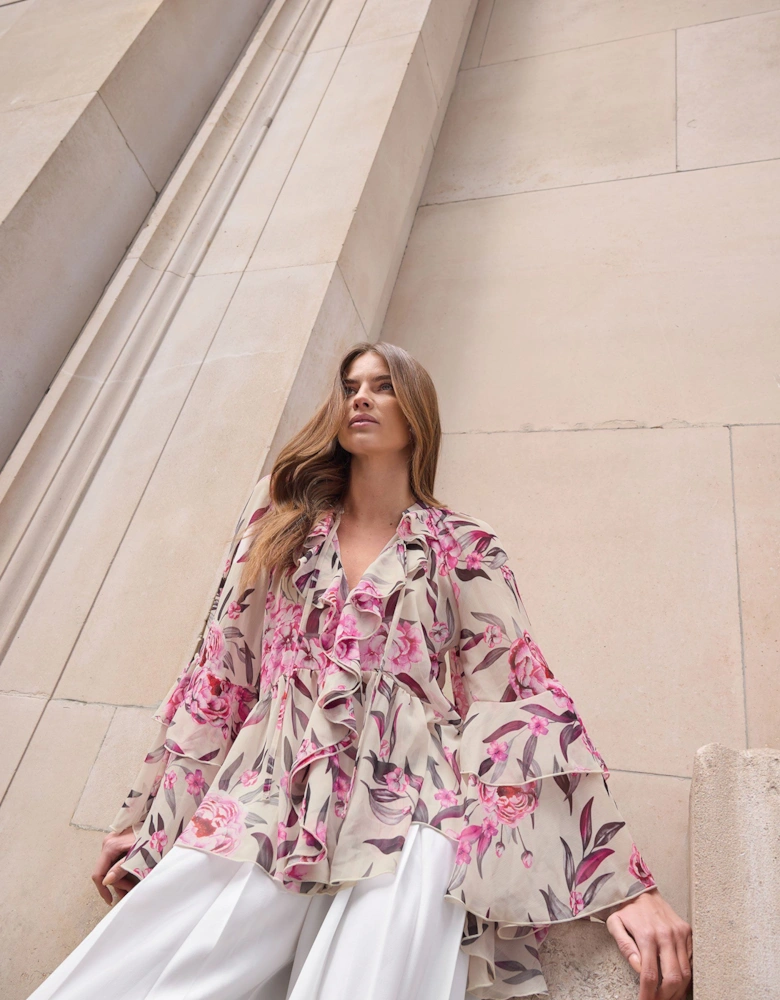 Floral Fluted Sleeve Ruffle Blouse