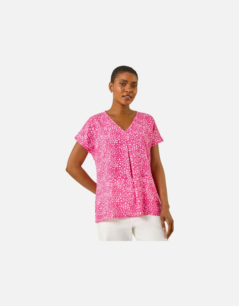 Spot Print V-Neck Pleat Front Top