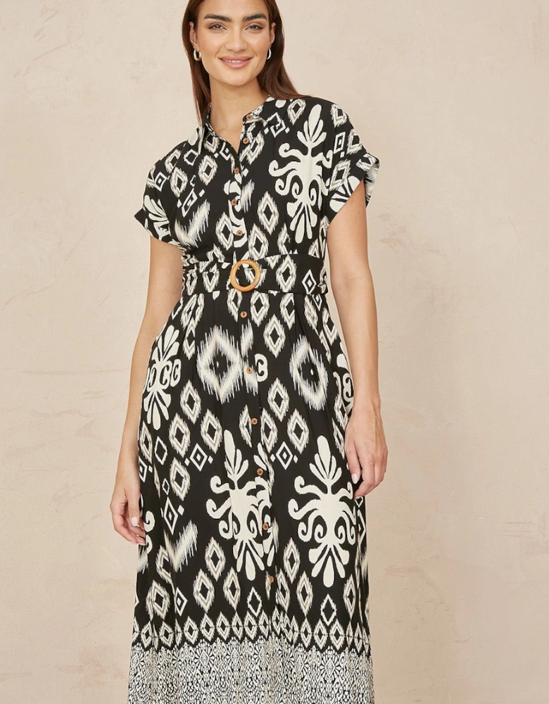 Black Abstract Geo Print Relaxed Midi Shirt Dress With Belt