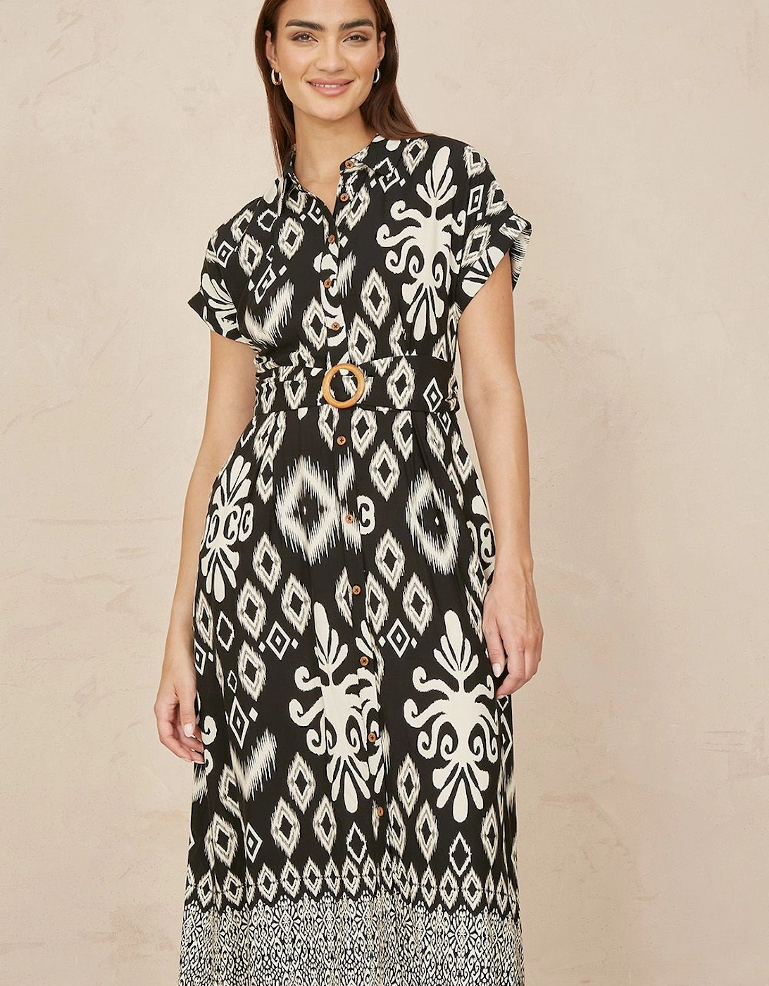 Black Abstract Geo Print Relaxed Midi Shirt Dress With Belt, 2 of 1