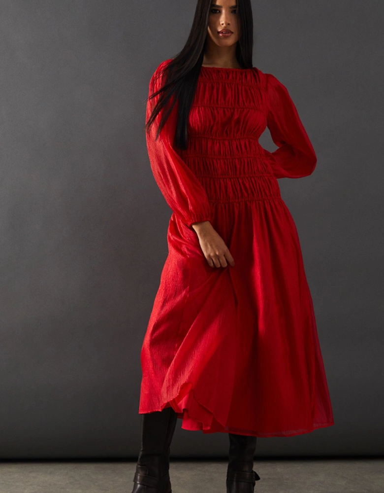 Shirred Chiffon Panel Bodice Midi Dress