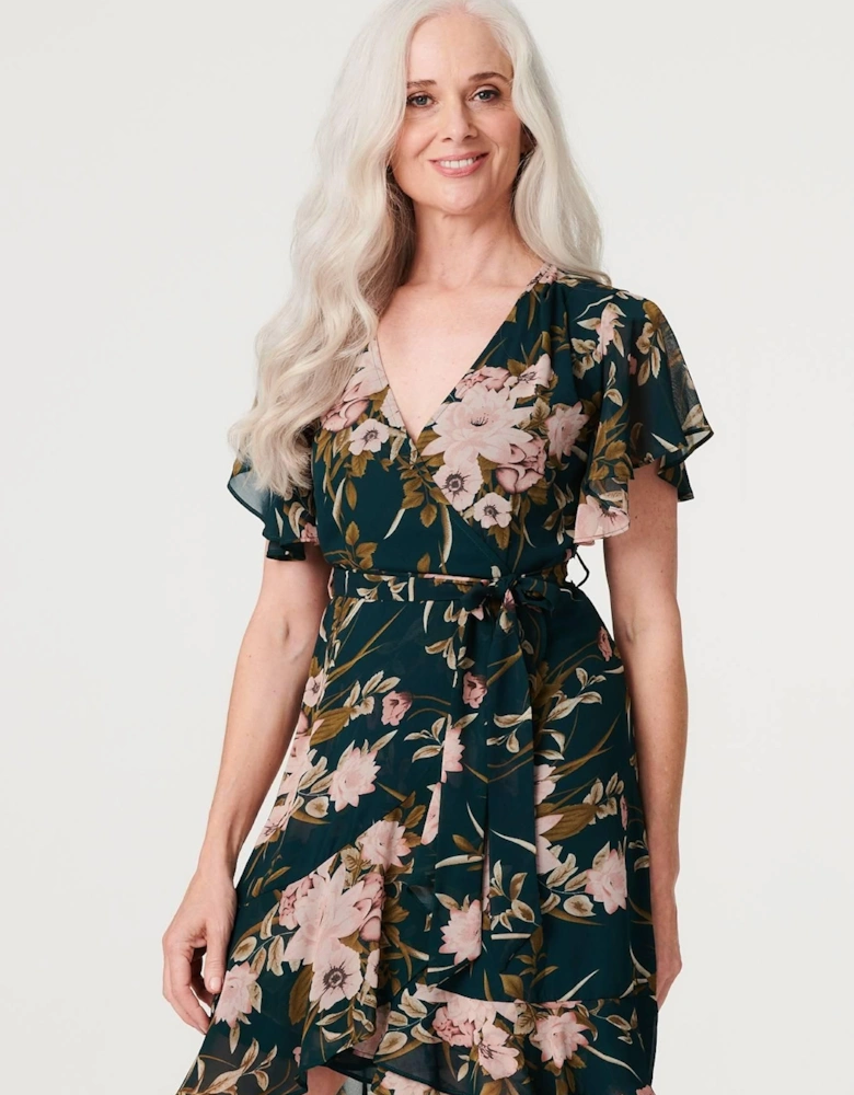 Floral Flare Sleeve Short Wrap Dress