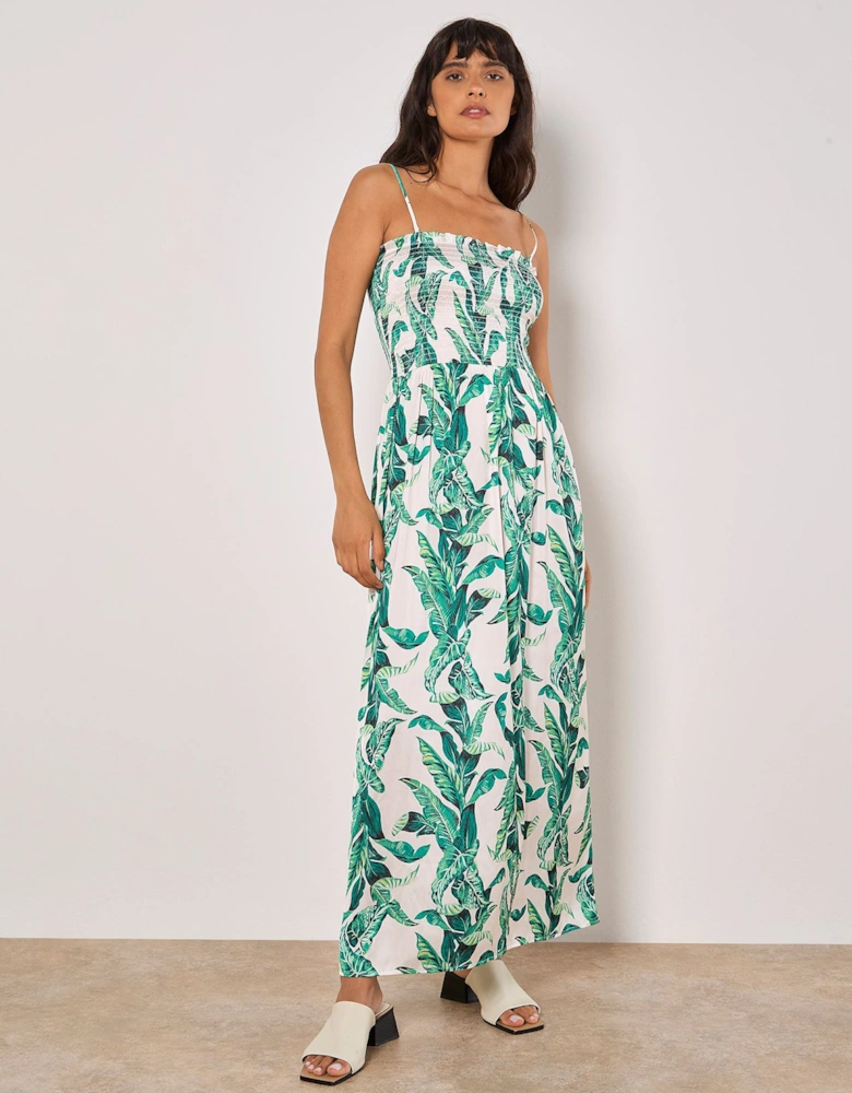 Tropical Leaf Satin Maxi Dress