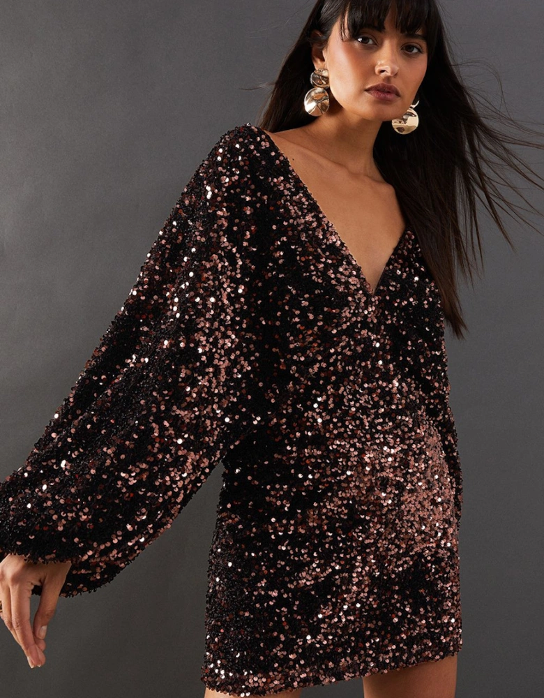 Velvet Sequin Plunge Neck Batwing Mini Dress