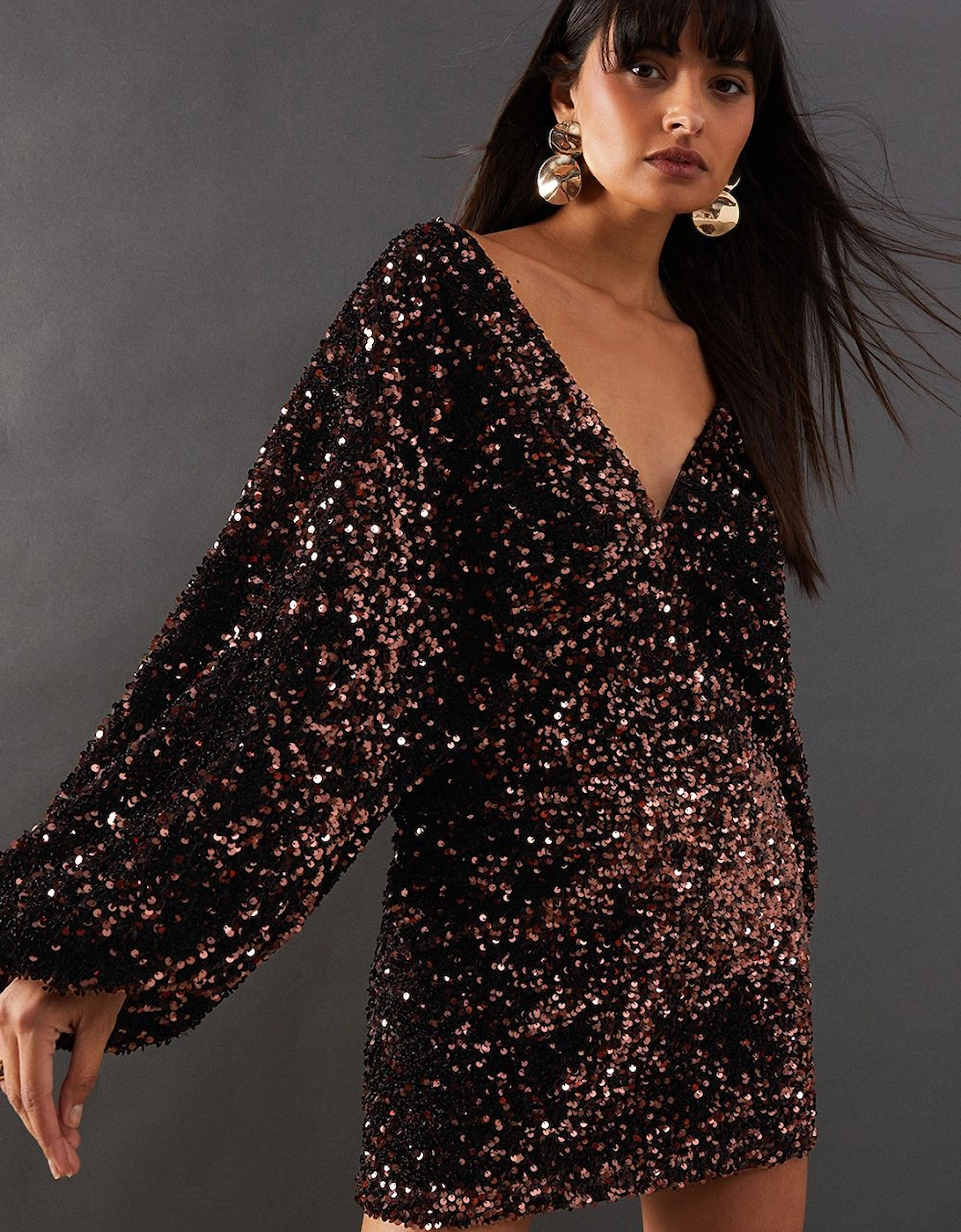 Velvet Sequin Plunge Neck Batwing Mini Dress, 2 of 1