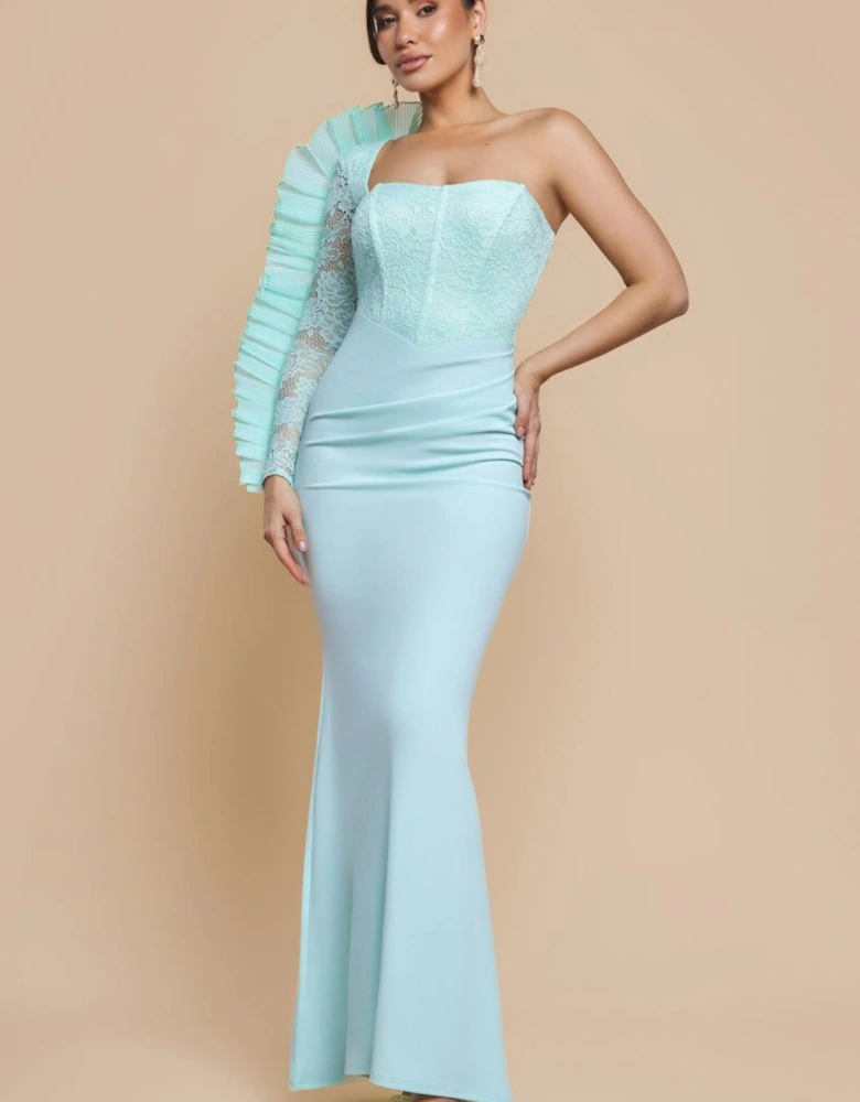 One Shoulder Organza  Fan Detail Lace Bodice Maxi Dress