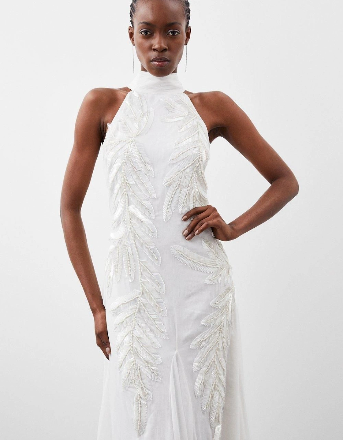 Georgette Feather Embellished Halter Neck Woven Maxi Dress, 2 of 1