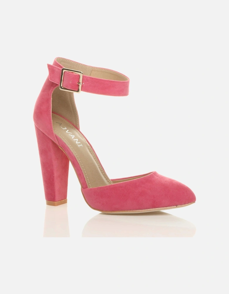 High Block Heel Ankle Strap Pointed Toe Faux Suede 2 Part Heels