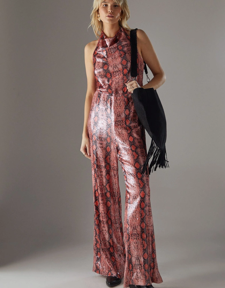 Snake Sequin Cowl Neck Drop Waist Jumpsuit