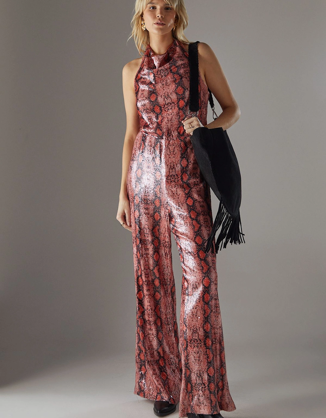 Snake Sequin Cowl Neck Drop Waist Jumpsuit, 2 of 1