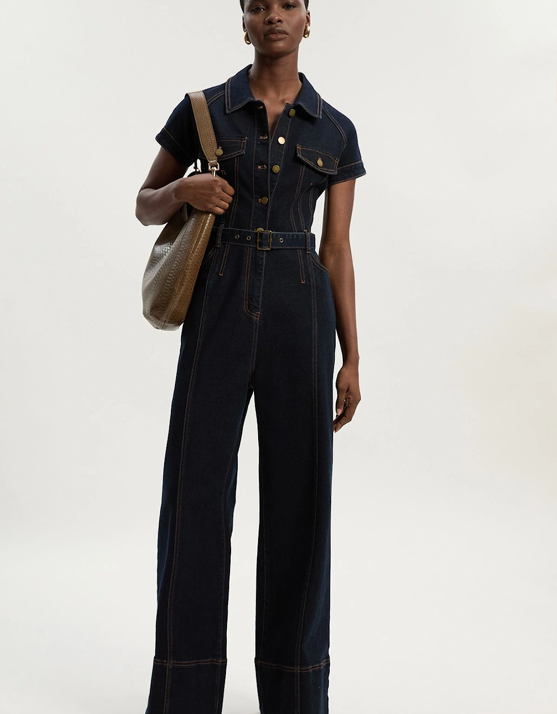 Petite Denim Corset Waist Detail Wide Leg Jumpsuit, 2 of 1