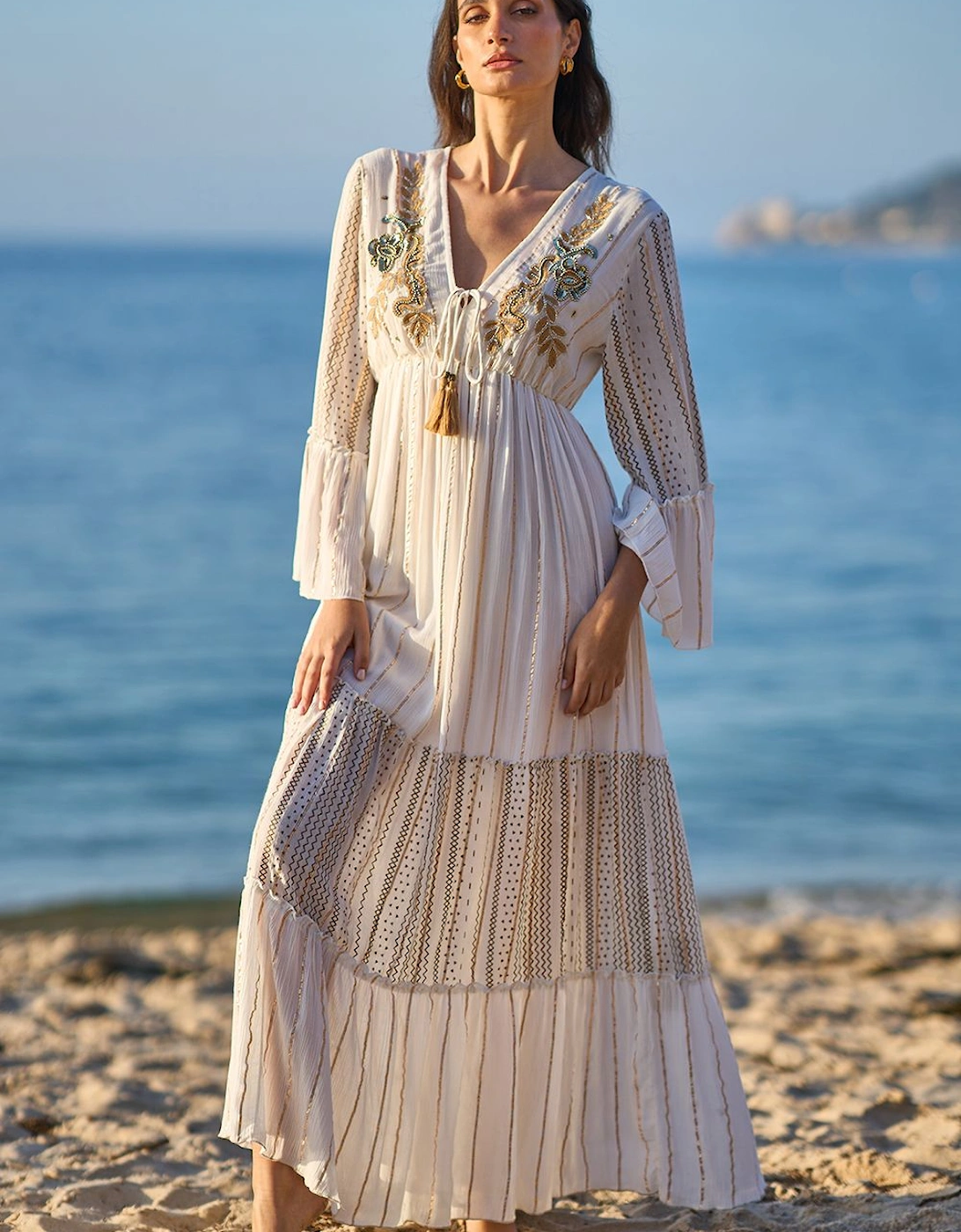 White Metallic Embellished Maxi Dress With Long Sleeves, 2 of 1