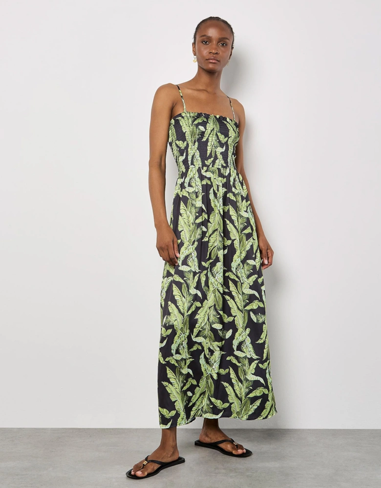 Tropical Leaf Satin Maxi Dress