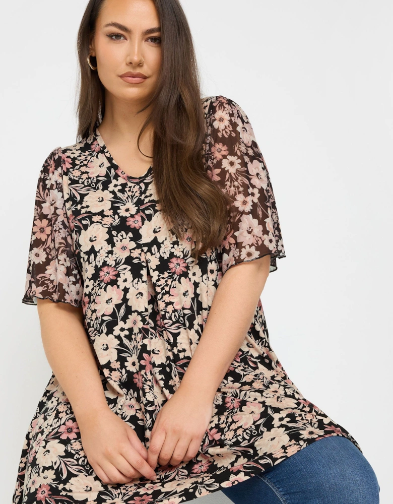 Floral Mesh Sleeve Pleated Top