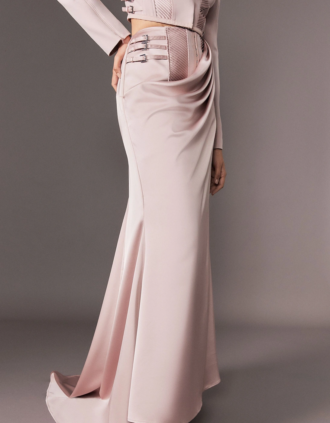 Archive Collection - Tailored Satin Drape Corset Detail Fishtail Maxi Skirt, 2 of 1