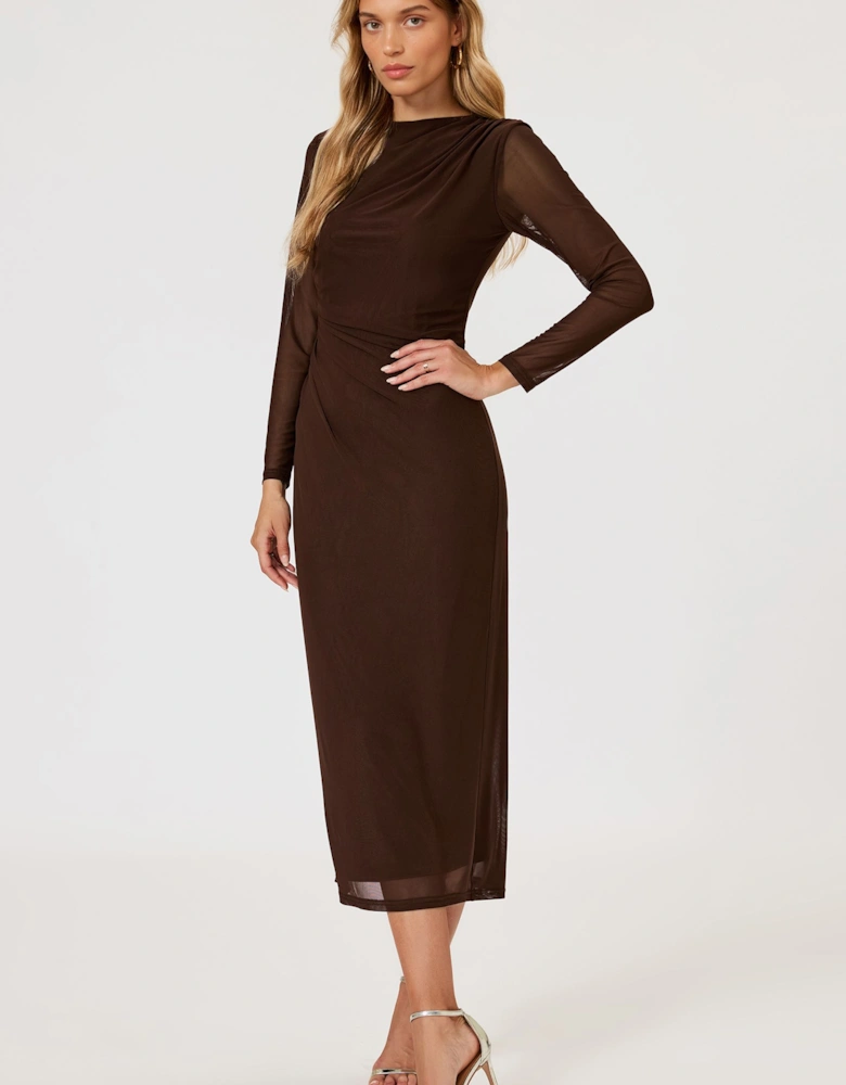 Long Sleeves Mesh Midi Dress In Brown