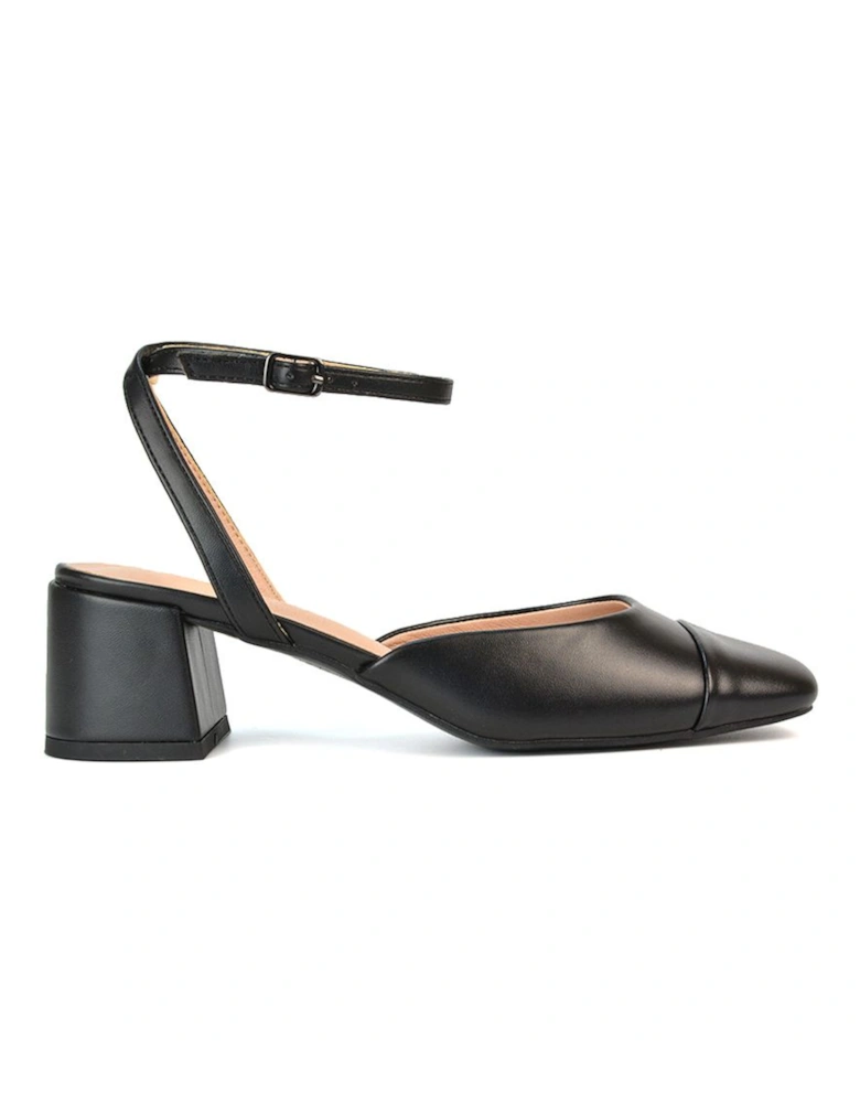'Mavis' Low Mid Heel Square Toe Court Shoes With Ankle Strap