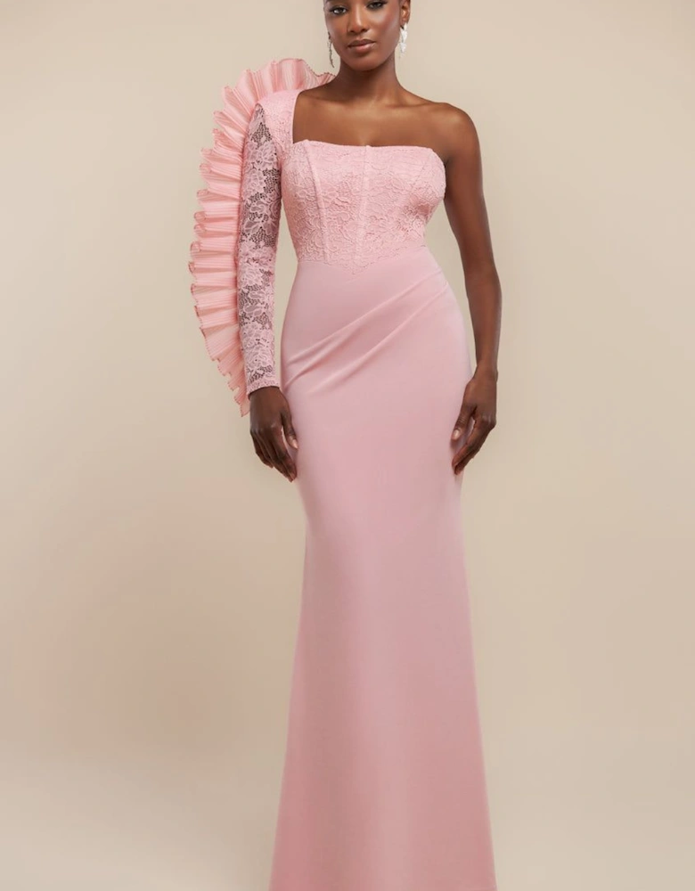 One Shoulder Organza  Fan Detail Lace Bodice Maxi Dress