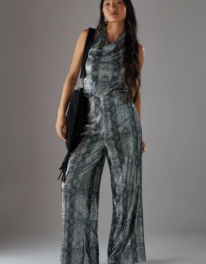 Petite Snake Sequin Cowl Neck Drop Waist Jumpsuit