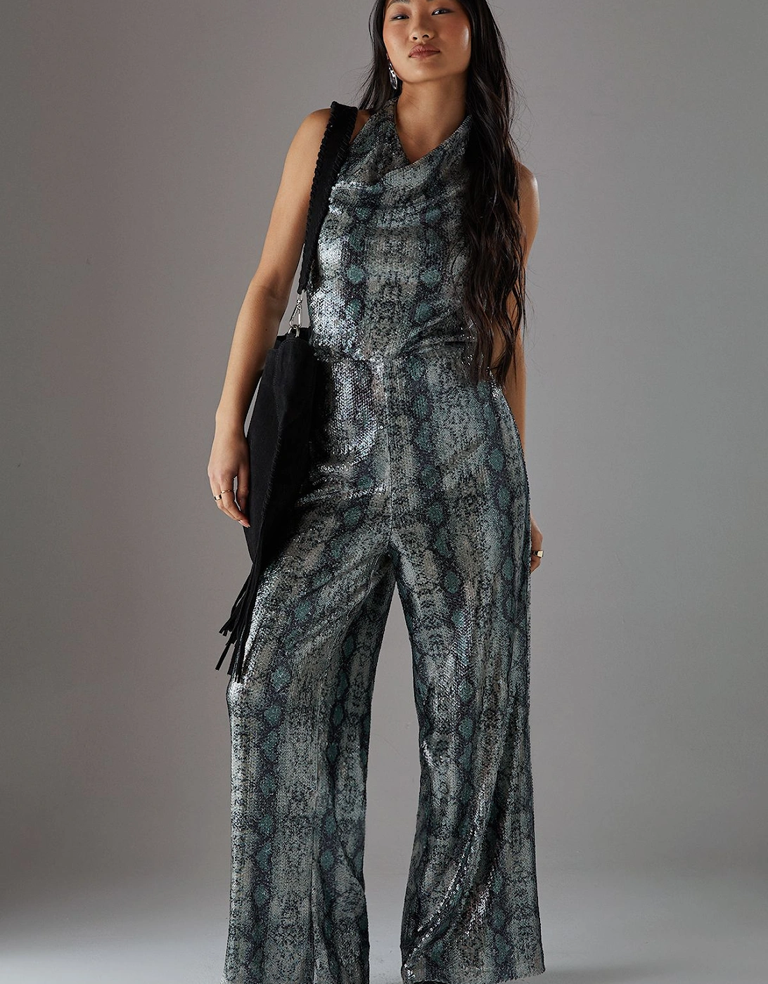 Petite Snake Sequin Cowl Neck Drop Waist Jumpsuit, 2 of 1
