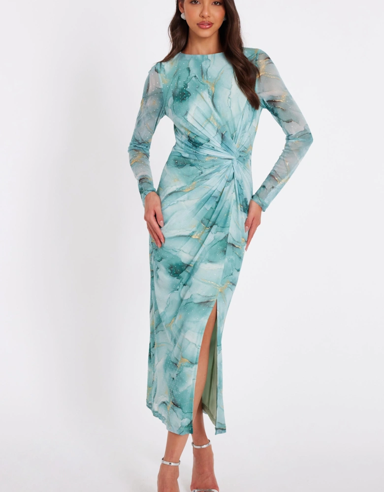 Light Green Printed Diamante Midaxi Dress