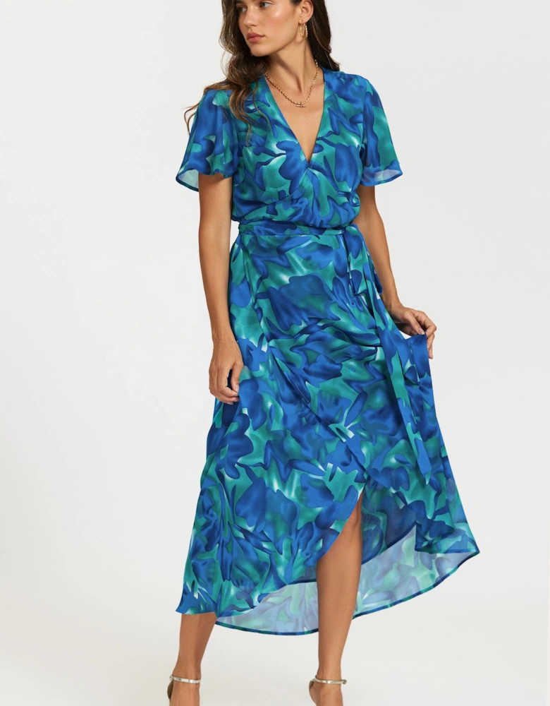 Abstract Floral Print Wrap Maxi Dress In Blue